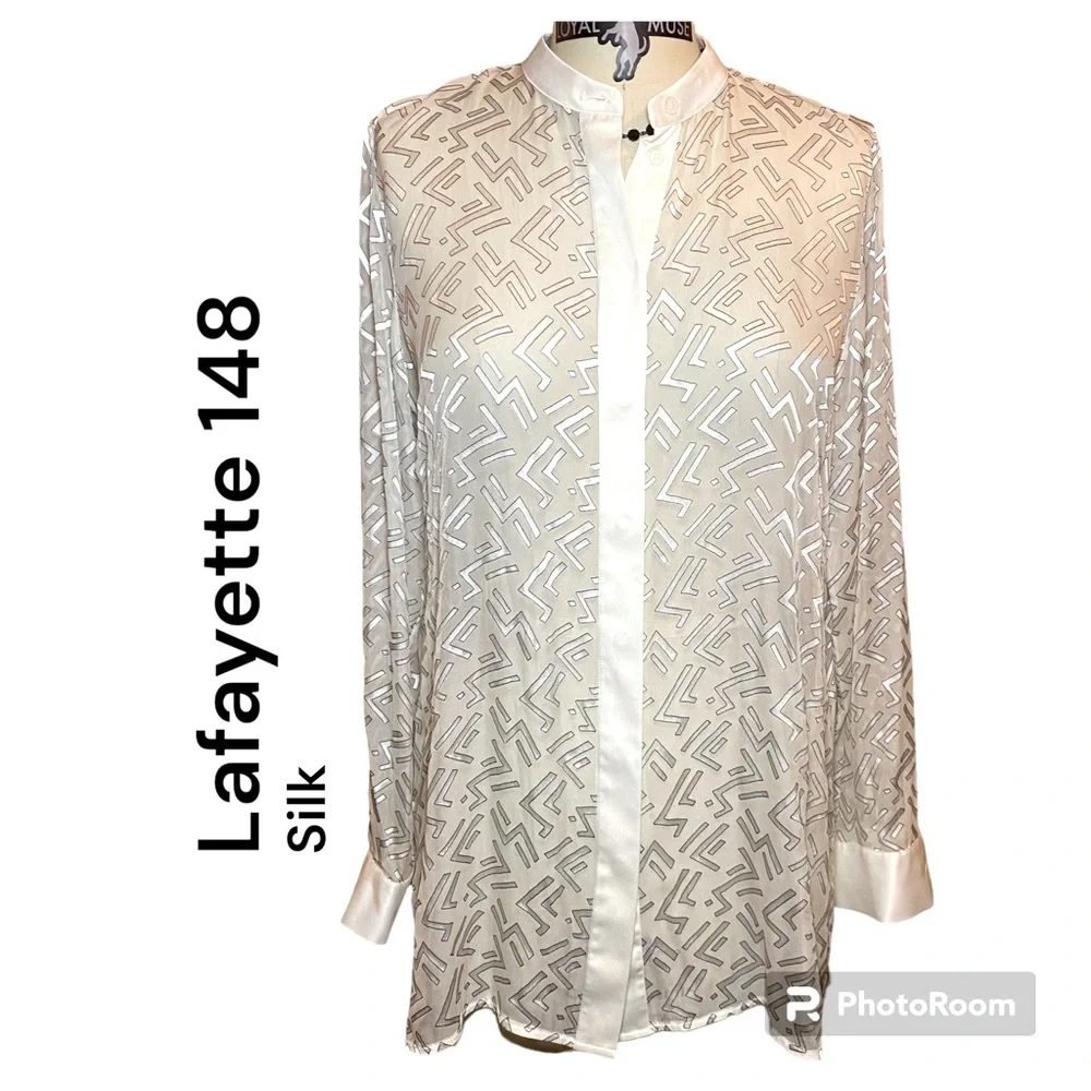 Lafayette 148 Long Sheer Blouse Beautiful with Silk Cuffs & Collar Size Medium